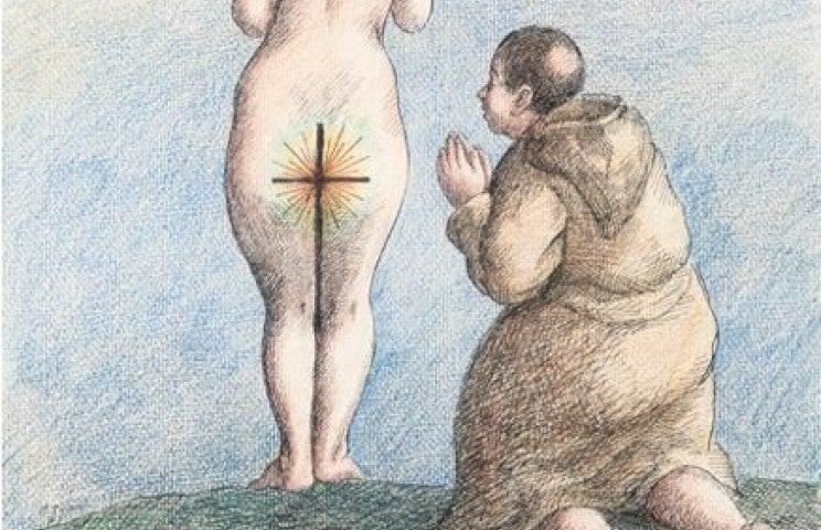 Roland Topor, Le miracle, encre et crayon de couleur sur papier, 32 x 24 cm, 1973