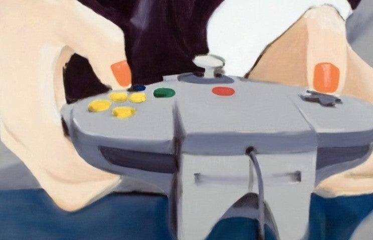 Miltos Manetas, POINT OF VIEW (Mai with Nintendo controller), 2001, Oil on Canvas, 127x152cm, PARIS, Courstesy the artist &amp; Galerie Hussenot