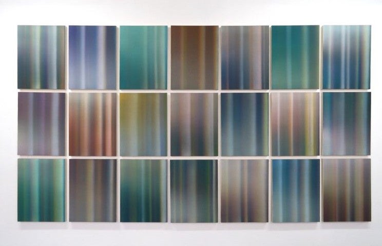 Adrien Couvrat, Partition, acrylique sur toile, 21 toiles 60 x 80 cm, ensemble 246 x 438 cm, 2019.
Courtesy de l'artiste et de la galerie Maubert, Paris. 