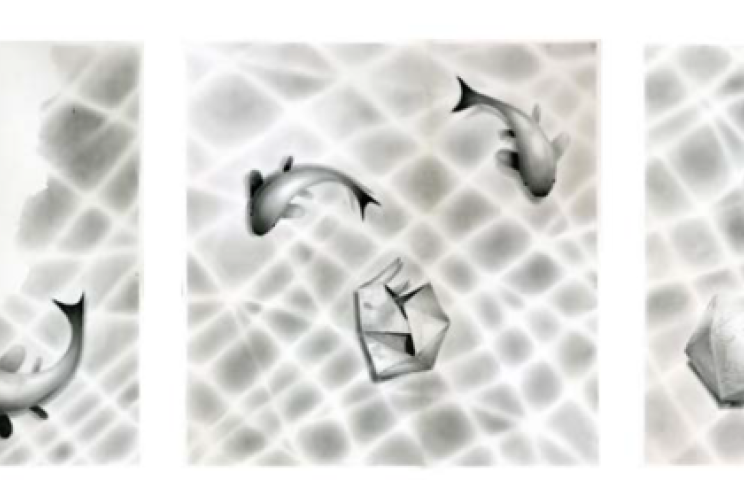 Maud Maffei, Dynamic maximum expansion, black stone on paper, three squares of 50 x 50 cm each, 2018.