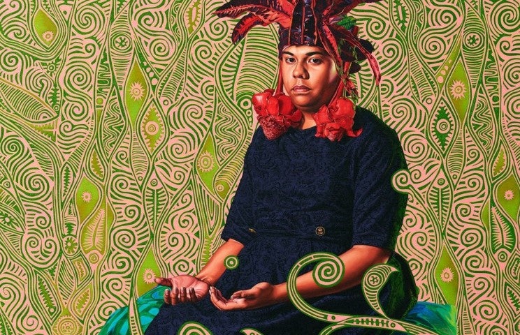 Portrait of Moerai Matuanui Huile sur lin/ Oil on linen 2019   183x153,2 cm 72x603/8 in. 
detail

Courtesy Templon, Paris & Brussels, © 2019 Kehinde Wiley