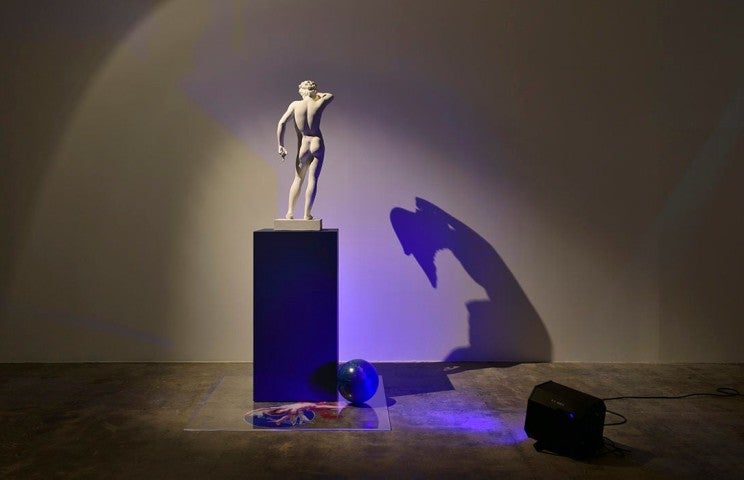 visuel_230419 In volo (Icaro e Ganimede), 2019
Plaster cast, 2 gilded card stock wings, dark blue base, Plexiglas sheet, stellar globe, stellar map fragments, fragments of photographic reproductions, Wood's light
Plexiglas sheet: 51 1/8 x 51 1/8 in. (130 x 130 cm)Base: 47 1/4 x 23 5/8 x 23 5/8 in. (120 x 60 x 60 cm) 94 7/8 x 96 1/2 x 74 3/4 in. (241 x 245 x 190 cm) (overall)
22335