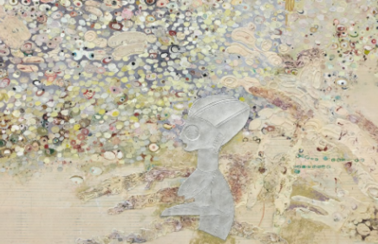 Ellen Gallagher, Ecstatic Draught of Fishes, 2019.

Oil, ink, gold leaf, and paper on canvas, 97 ⅝ × 79 ½ inches (248 × 201.9 cm)
© Ellen Gallagher. Photo: Thomas Lannes