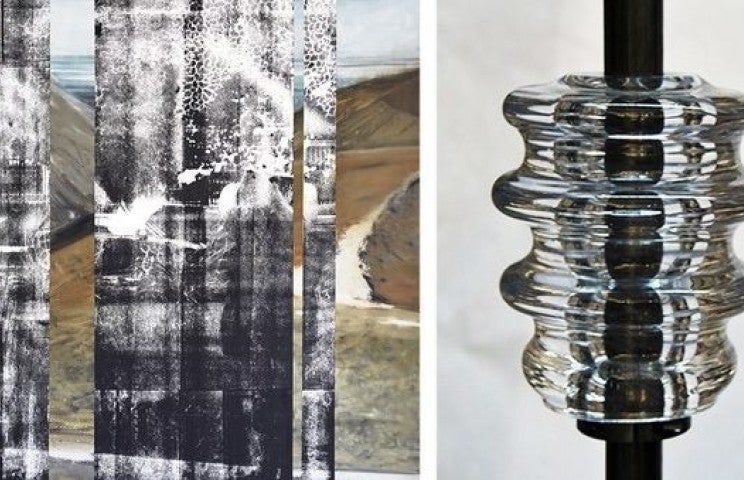 Eva Nielsen, Portræt, 2019, huile, acrylique et encre de sérigraphie sur toile, 200 x 155 cm.
Jennifer Caubet, Espacements, 2018-2019, acier inoxydable, verre soufflé, dimensions variables. Production CIRVA – Centre international de recherche sur le verre et les arts plastiques et le Creux de l'enfer, centre d'art contemporain de Thiers.

Courtesy of the artists and Jousse Entreprise Art Contemporain