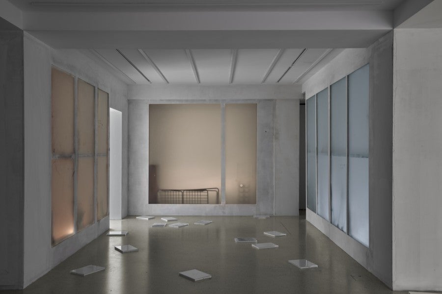 Tolia Astakhishvili, Placeholder, 2025. Wall architecture, drywall, plexiglass, led lights, plaster, coffee, ink, acrylic paint, papier mache, spray snow, newspapers, drawings, photographs, found objects, collages. With Maka Sandaze, Zurab Aastakhishvili and Simon Lässig. Dimensions variable. © Dylan Peirce