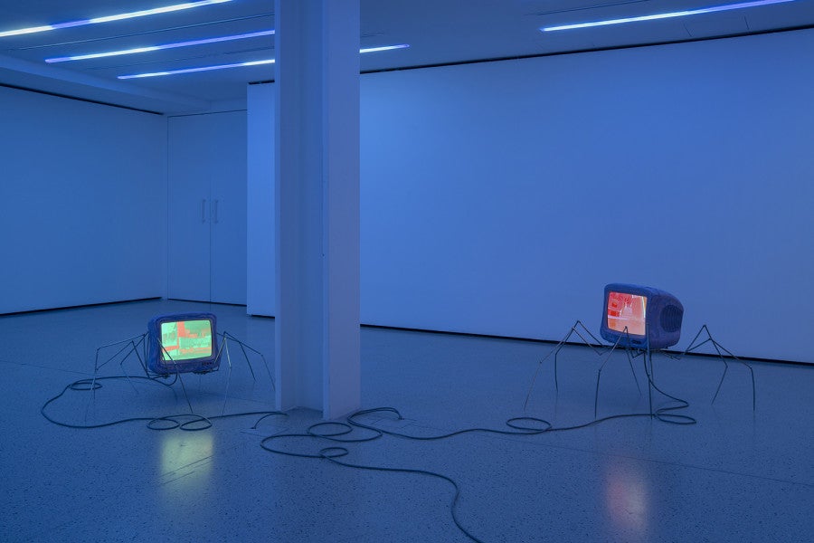 Untitled (Memorex), 2026 approx. 70 × 50 × 50 cm Memorex television, spray paint, media player, video loop, stereo sound, aluminium mounting plate, forged stainless steel.© Nicolas Brasseur 
