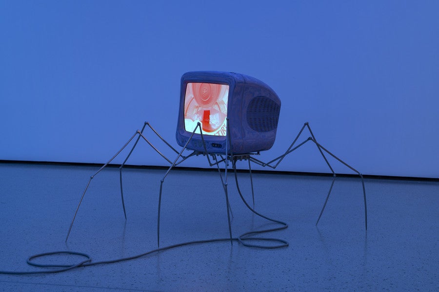 Untitled (Memorex), 2026 approx. 70 × 50 × 50 cm Memorex television, spray paint, media player, video loop, stereo sound, aluminium mounting plate, forged stainless steel. © Nicolas Brasseur 