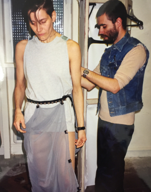 Lutz dressing up Alexandra Bircken for the Spring  / Summer 2002 fashion show , in Paris in October 2001. (c) David Ballu