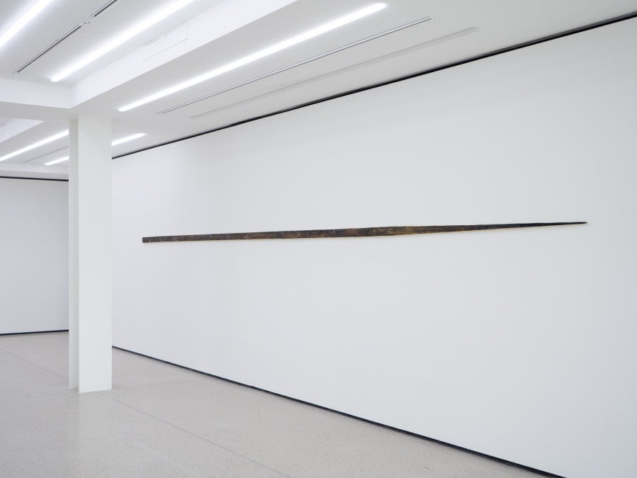 Clémence de La Tour du Pin, <i>Untitled</i>, 2025 600 x 6 cm, peinture à l’huile, pigment, cire, soie sur toile de lin.  Courtesy de l’artiste et de Derosia, New York. © ADAGP, Paris, 2026.  Vue de l’exposition « over the top, undercover » à la Fondation Pernod Ricard, Paris, 2026. © Photo : Raphaël Massart Courtesy de la Fondation Pernod Ricard.