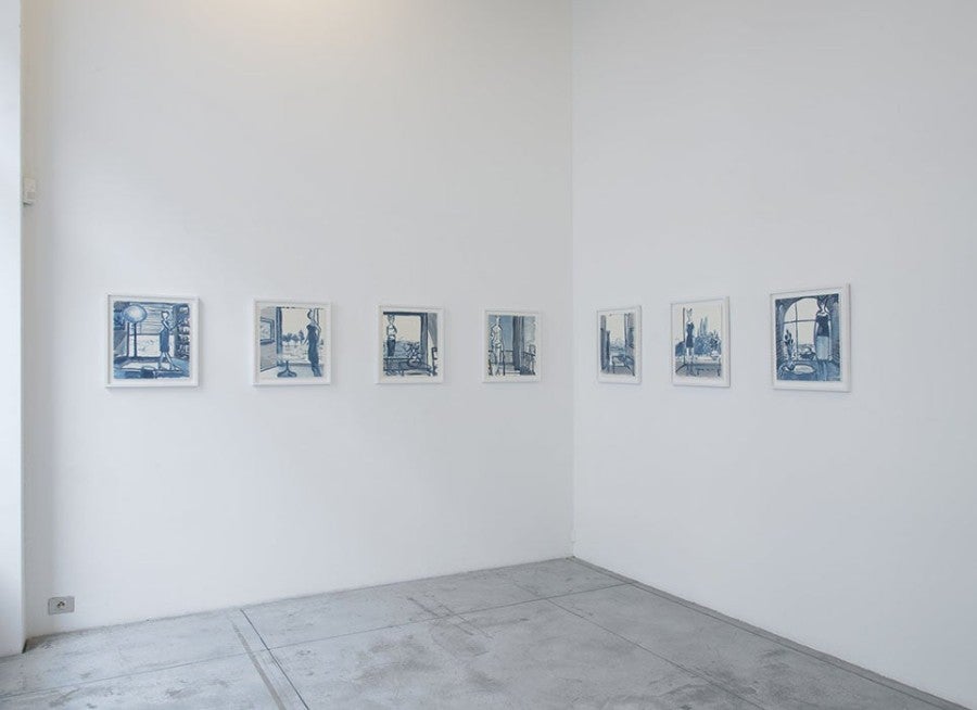 Alain Séchas, Intérieur gris bleu (7 dessins), 2016, peinture acrylique sur papier, 43,5 x 39 cm chaque.