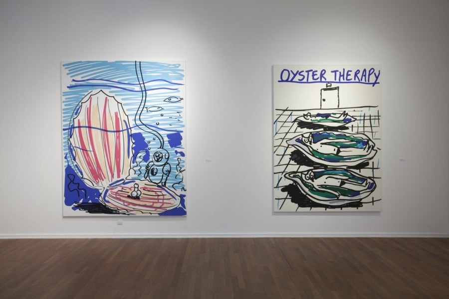 Alain Séchas, Oyster Therapy, 2005. Acrylic on canvas, 228 x 167 cm. Pearls, 2006. Acrylic on canvas, 240 x 192 cm.