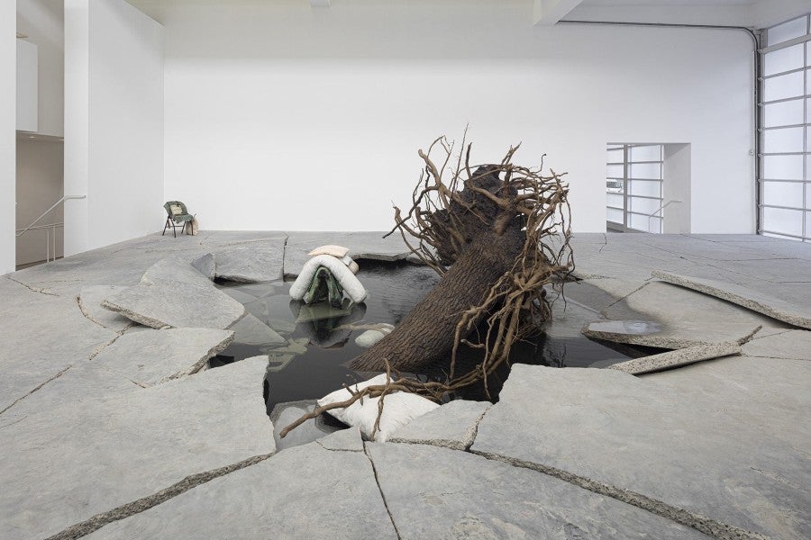 Tatiana Trouvé, The Shaman, 2018. Patinated bronze, marble, concrete, steel, sand, water. Variable dimensions. Exhibition view of On the Eve of Never Leaving, Gagosian Gallery, 2019. Photo: Fredrik Nilsen Studio. Courtesy Gagosian Gallery