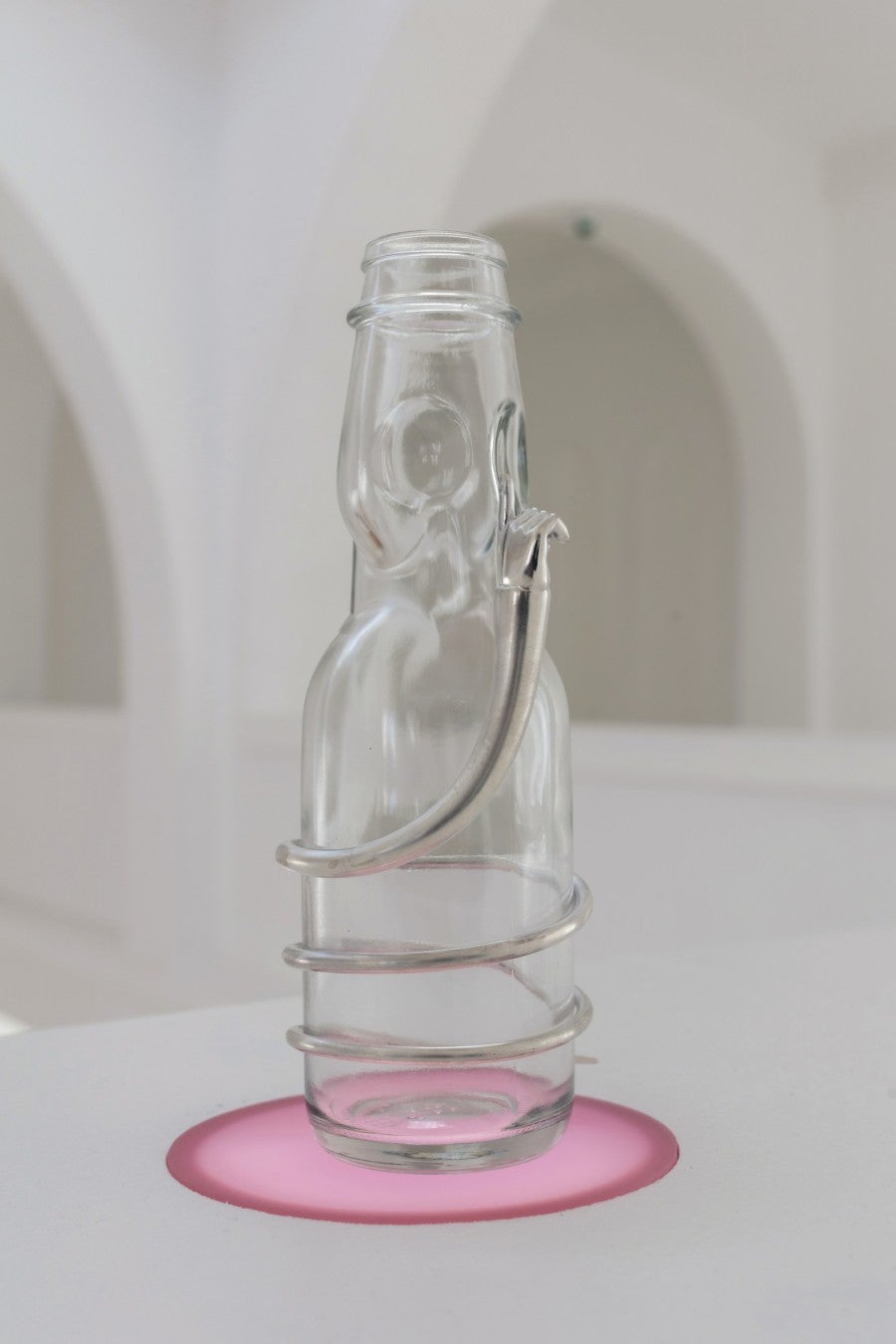 Camille Blatrix, 🤫, 2021. Japanese soda bottle, silver, Ø 6 x 19 cm. View of the exhibition "Weather Stork Point", CAC-La synagogue de Delme, 2021. Photo: OH Dancy.
