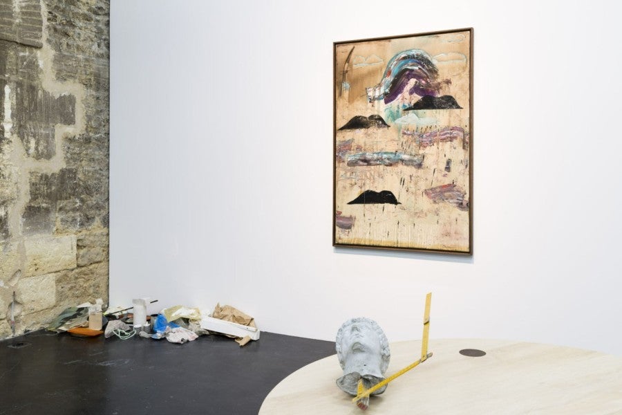 Benoît Maire, Thèbes, exhibition view (peinture de nuages, sculpture and waste on the ground), 2018. CAPC musée d'art contemporain de Bordeaux, Bordeaux, France. Photo: Frédéric Deval