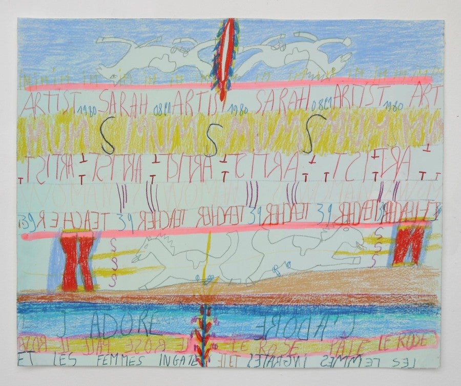Sarah Tritz, Artist Mum Teacher (de la série : Life is a long journey comprenant 15 dessins), 2019, craies grasses, peinture acrylique, 50,5 x 41 cm. Photo : André Morin