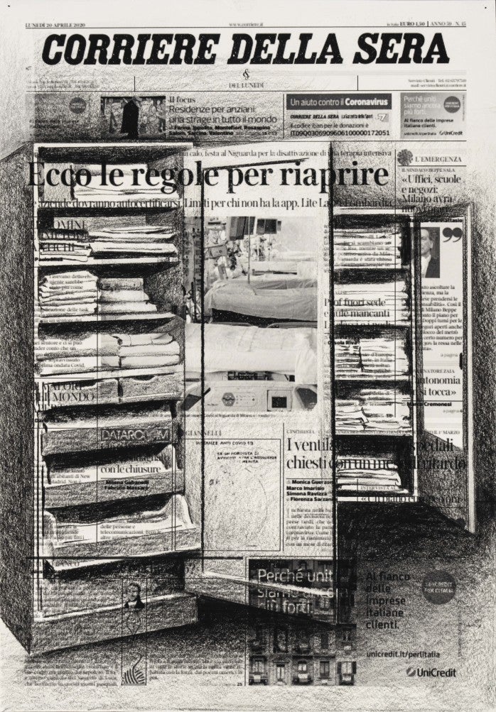 Tatiana Trouvé, April 20th, Corriere Della Sera, Italy, Front Pages March 15 - April 25, 2020. Inkjet print, pencil on paper, 42 x 29 cm. Courtesy Gagosian Gallery. Photo: Florian Kleinefenn