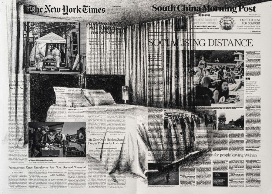 Tatiana Trouvé, April 4th, The New York Times, USA; South China Morning Post, China. Inkjet print, pencil on paper, 42 x 59 cm. From the series Front Pages March 15 - April 25, 2020. Courtesy Gagosian Gallery. Photo: Florian Kleinefenn