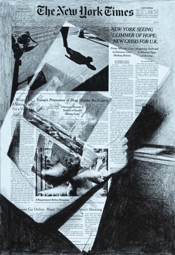 Tatiana Trouvé, April 7th, The New York Times, USA. Front Pages March 15 - April 25, 2020. Inkjet print, pencil on paper, 42 x 29 cm. Courtesy Gagosian Gallery. Photo: Florian Kleinefenn