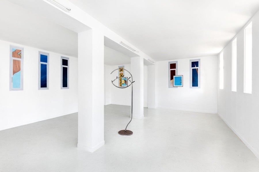 Chloé Quenum, exhibition view of Overseas, Les Bains douches, Alençon, acrylic paint, trompe-l'oeil in situ and coat rack "Teardrop," 2020-21. Photo: Romain Darnaud.