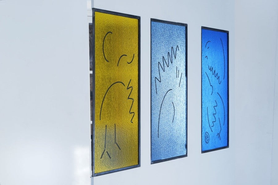 Chloé Quenum, Les Allégories, 2016. Cathedral glass, lead, metal, 101 x 62.5 cm each. Exhibition view of Elise, Galerie Joseph Tang, Paris, 2016. Photo: Aurélien Mole.