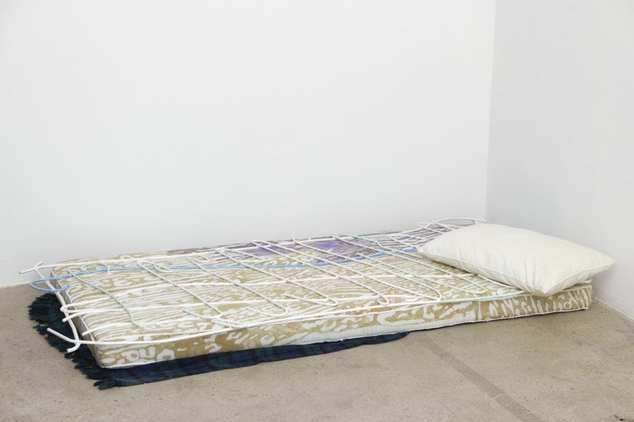 Anne Bourse, No shadow in the way, 2021. Steel, glycero paint, alcohol marker, ink and pencil on silk, cotton wool, foam, found pillow, 200x100x12 cm. © Aurélien Mole. Courtesy of the artist and Crèvecœur, Paris.