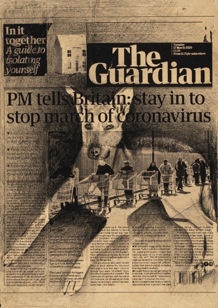 Tatiana Trouvé, March 17th, The Guardian, UK. Front Pages March 15 - April 25, 2020. Inkjet print, pencil on paper, 42 x 29 cm. Courtesy Gagosian Gallery. Photo: Florian Kleinefenn