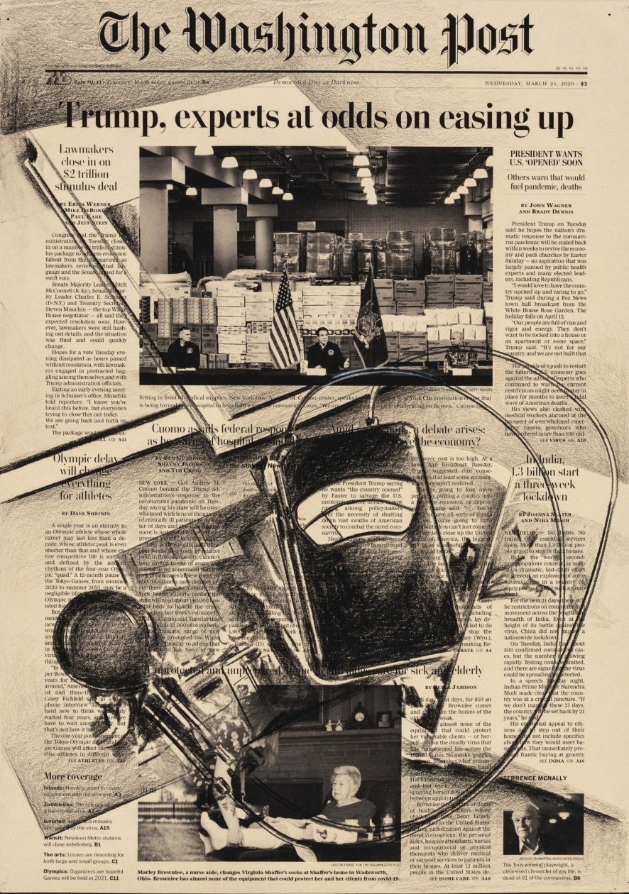 Tatiana Trouvé, March 25th, The Washington Post, USA, Front Pages March 15 - April 25, 2020. Inkjet print, pencil on paper, 42 x 29 cm. Courtesy Gagosian Gallery. Photo: Florian Kleinefenn