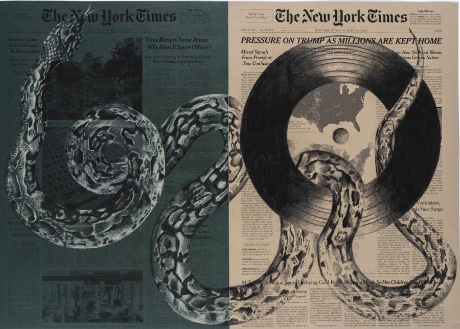 Tatiana Trouvé, March 21st, May 4th, The New York Times, USA. Inkjet print, pencil on paper, 42 x 59 cm. From the series Front Pages March 15 - April 25, 2020. Courtesy Gagosian Gallery. Photo: Florian Kleinefenn