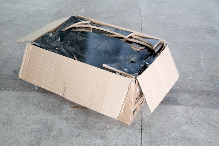 Jagna Ciuchta, 'When You See Me Again It Won't Be Me (6)', 2012. After 'When You See Me... (5)' by Jagna Ciuchta & Laurent Le Deunff. A box of offcuts, a sculpture, a photograph, a poster. BBB centre d’art contemporain, Toulouse. Photo: Jagna Ciuchta