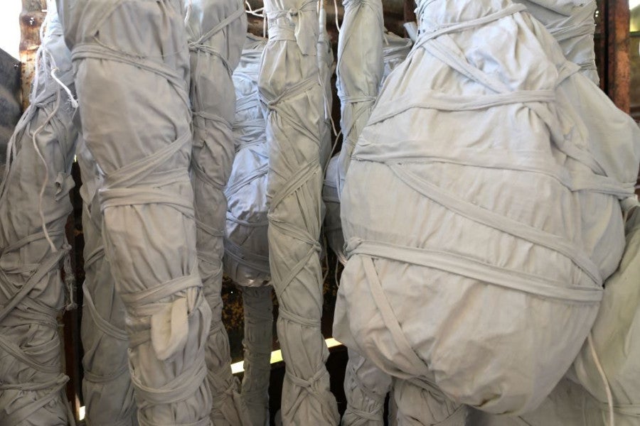Christian Bertin, <i>La Jungle (cette foule qui ne sait pas faire foule)</i>, 2025. Installation. Dried banana bunches, fabric, glue, paint. Variable dimensions. © ADAGP. Photo: Robert Charlotte.