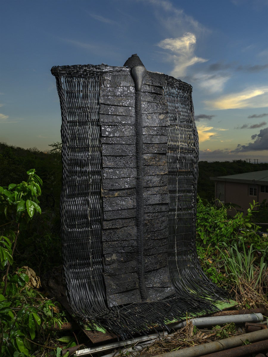 Christian Bertin, <i>La Chambre Noire</i>, 2025. Rubber, bicycle tire and saddle, worn leather jacket, braided electrical wires, fabric. 220 × 123 cm. © ADAGP. Photo: Robert Charlotte.