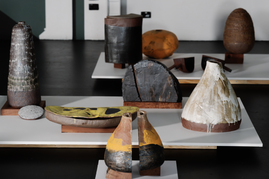 View of Thu-Van Tran’s end-of-residency exhibition, Paris–Perth Artist-in-Residence Exchange, Perth Institute of Contemporary Arts (PICA), 2025. Works included: <i>Rain, Reverse Mountain, Coolamon, Breath, Half-Breath, Moon Noon, Mother, Human Tracks,</i> and <i>Egg</i>, all 2025. Technique: gas-fired and Raku. © Thu-Van Tran / ADAGP. Photo: Tristan McKenzie.