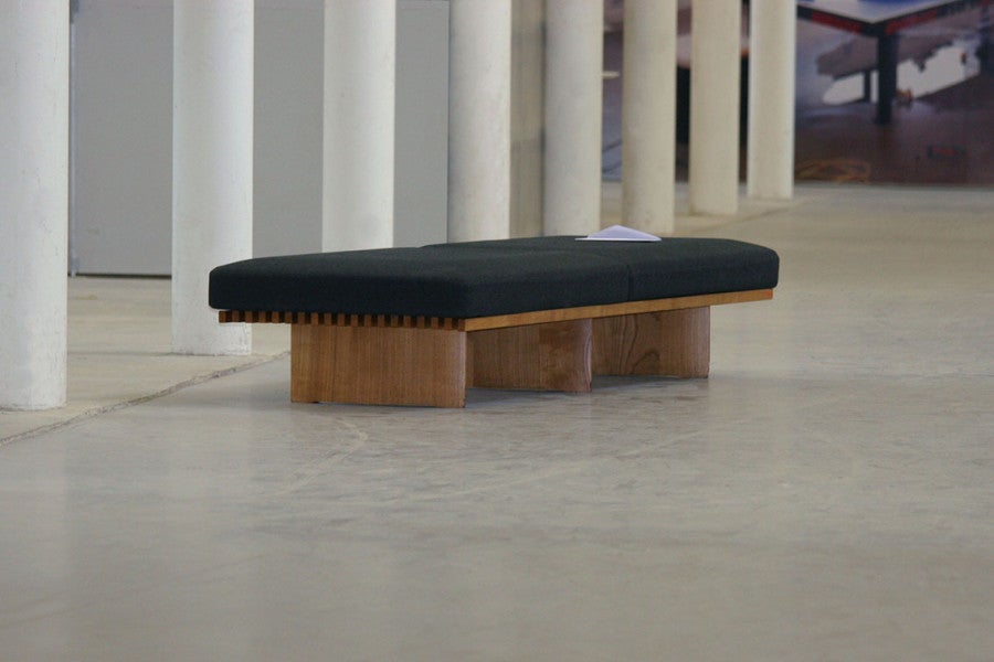 Laëtitia Badaut Haussmann, <i>Dear Charlotte & Maurice</i>, 2012. Installation in situ avec un banc « Tokyo » de Charlotte Perriand, lettre, enveloppe. Vue de l’exposition : <i>Le Pavillon</i> pendant La Triennale, Palais de Tokyo, Paris, 2012. Photo : Aurélien Mole. Courtesy de l’artiste et de la Galerie Allen Paris.
