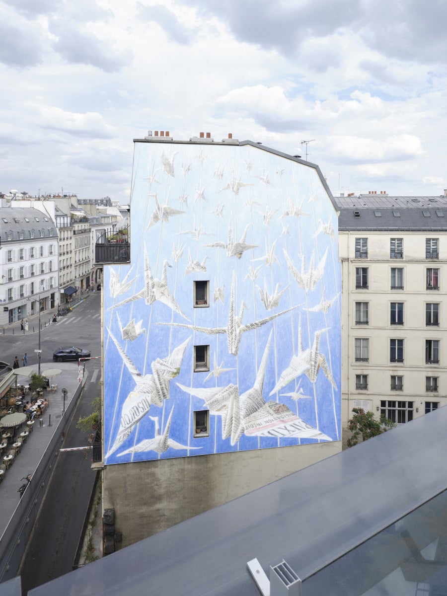 Louise Sartor, Voeux, 2026. Gouache sur carton, impression numérique transferée sur toile, 17 x 13 m. © Photo : Esmire & Erwan