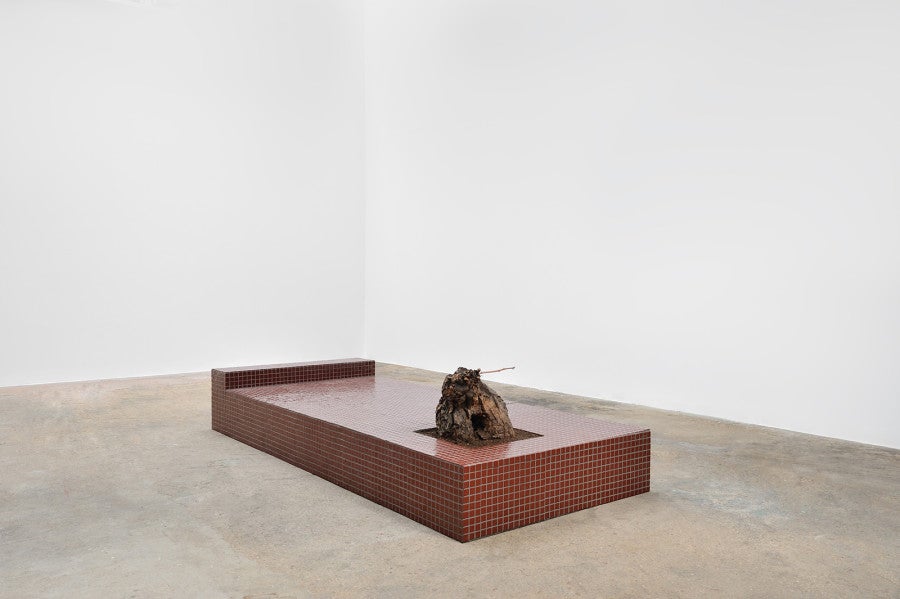 Laëtitia Badaut Haussmann, <i>Daybed n°3_Bordeaux, brown</i>, 2015. Bois, colle, carreaux, enduit, plante, 245 × 100 × 37 cm. Vue de l’exposition : « Mon Horizontalité », Untilthen, Paris, 2015. Photo : Aurélien Mole. Courtesy de l’artiste et de la Galerie Allen Paris.
