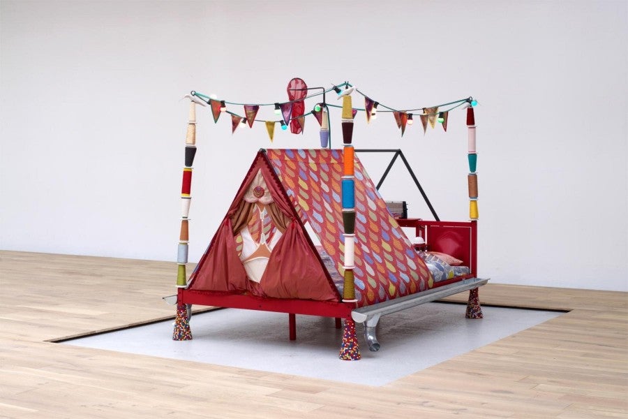 Benoît Piéron, <i>Le Lit</i> (The Bed), 2011, wood, thumbtack, metal, glazed stoneware, print on silk twill and waterproof silk chiffon, taffeta, garland and toaster. Photo: Marc Domage. Courtesy Benoît Piéron and Fondation d'entreprise Hermès