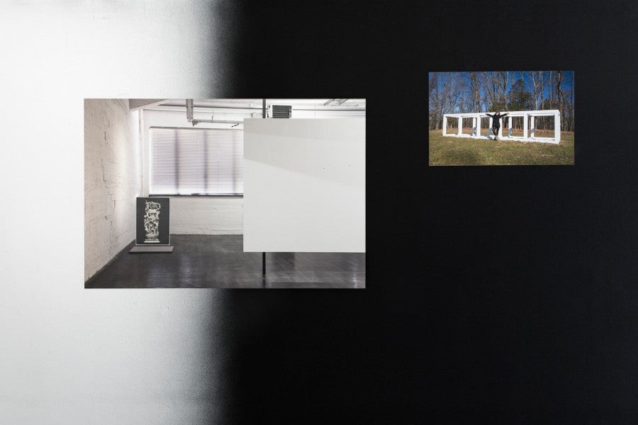 Exhibition view of 'Spin-off' by Jagna Ciuchta, 2014, Glassbox, Paris. Including photographs by Jagna Ciuchta: 'Missing Alina, after the exhibition « Alina Szapocznikow : Sculpture Undone, 1955-1972 »...' and 'Sol & Van', with the artist Vanessa Safavi and Sol LeWitt's sculpture at Stormking Art Center, NY, 2013. Photo: Jagna Ciuchta.