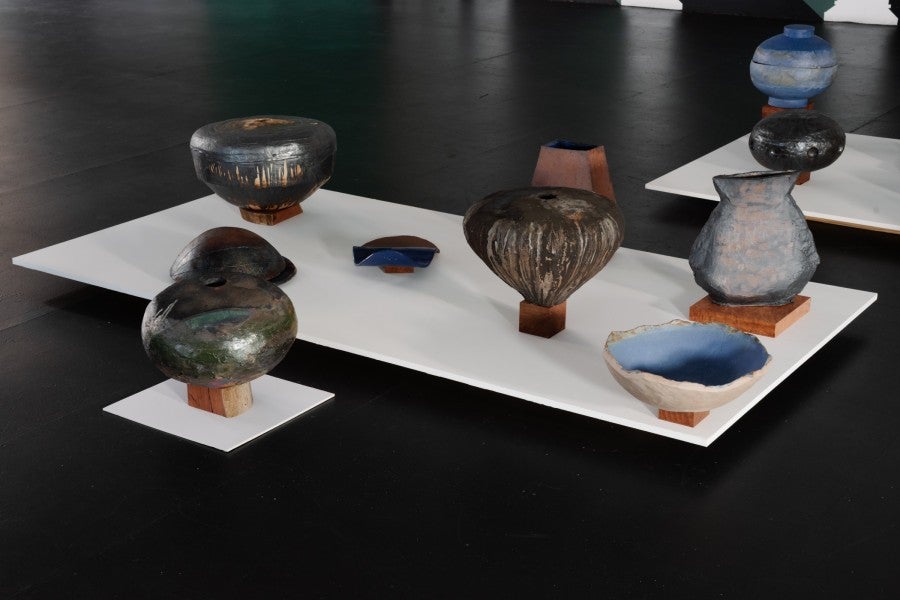 View of Thu-Van Tran’s end-of-residency exhibition, Paris–Perth Artist-in-Residence Exchange, Perth Institute of Contemporary Arts (PICA), 2025. Works included: <i>Waterhole, Rainbow, Tongue, Mouth-Song, Tree, Dark Moon, Two Eyes, Planet, Spirit,</i> and <i>Fire</i>, all 2025. Technique: gas-fired and Raku. © Thu-Van Tran / ADAGP. Photo: Tristan McKenzie.