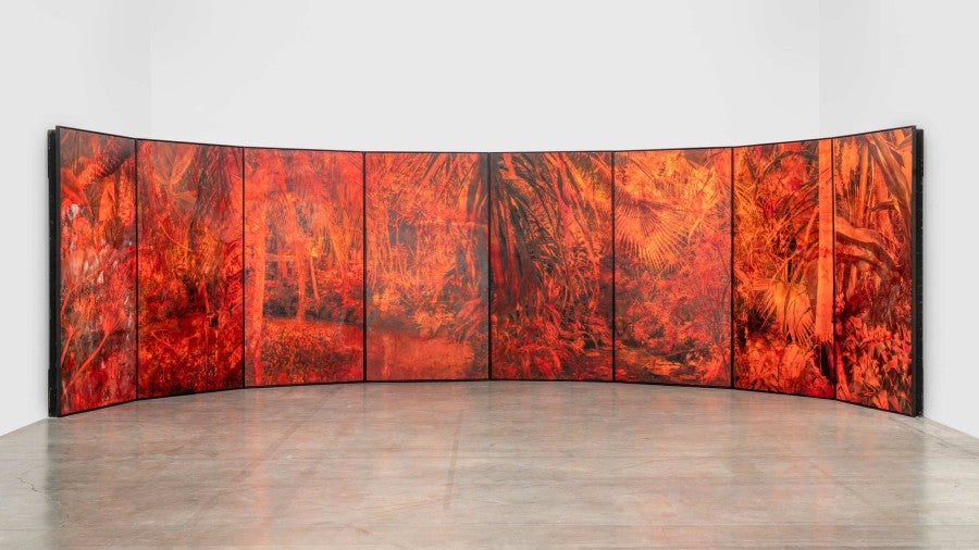 View of the exhibition <i>Réclamer la Terre</i>, Palais de Tokyo, Paris, 2022. Thu-Van Tran, <i>De Vert à Orange – Espèces Exotiques Envahissantes</i>, 2022. Courtesy of the artist and Almine Rech, Paris. © Thu-Van Tran / ADAGP. Photo: Aurélien Mole.