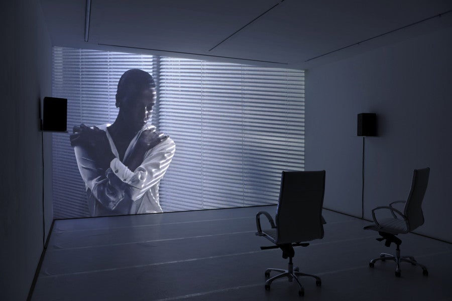 Valentin Noujaïm, <i>LA DÉFENSE III – Demons To Diamonds</i>, 2025, 29 min. Courtesy de l'artiste. "PANTHEON", vue d'exposition, Kunsthalle Basel, 2025, photo : Philipp Hänger.