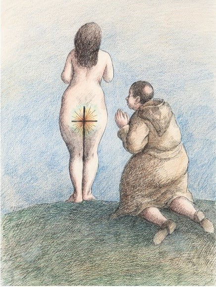 Roland Topor, Le miracle, encre et crayon de couleur sur papier, 32 x 24 cm, 1973