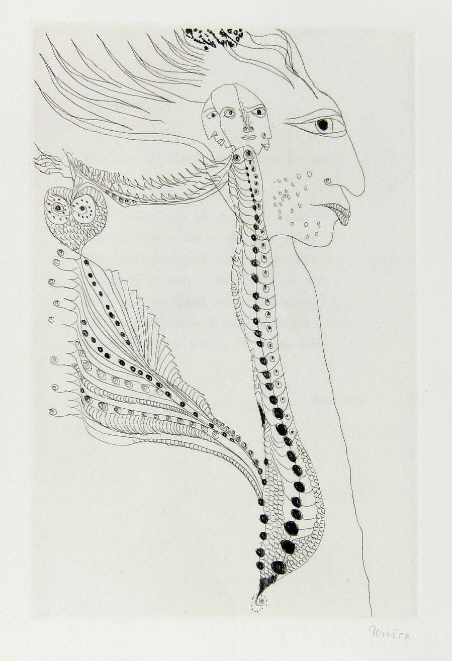 /Unica Zürn, "Oracles et Spectacles - 6", 1967, eau-forte sur papier Rives, 32 x 25.4 cm