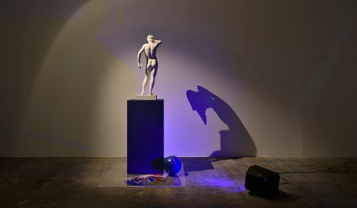 visuel_230419 In volo (Icaro e Ganimede), 2019
Plaster cast, 2 gilded card stock wings, dark blue base, Plexiglas sheet, stellar globe, stellar map fragments, fragments of photographic reproductions, Wood's light
Plexiglas sheet: 51 1/8 x 51 1/8 in. (130 x 130 cm)Base: 47 1/4 x 23 5/8 x 23 5/8 in. (120 x 60 x 60 cm) 94 7/8 x 96 1/2 x 74 3/4 in. (241 x 245 x 190 cm) (overall)
22335