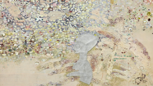 visuel_EllenGallagher_030619 Ellen Gallagher, Ecstatic Draught of Fishes, 2019.
Oil, ink, gold leaf, and paper on canvas, 97 ⅝ × 79 ½ inches (248 × 201.9 cm)
© Ellen Gallagher. Photo: Thomas Lannes