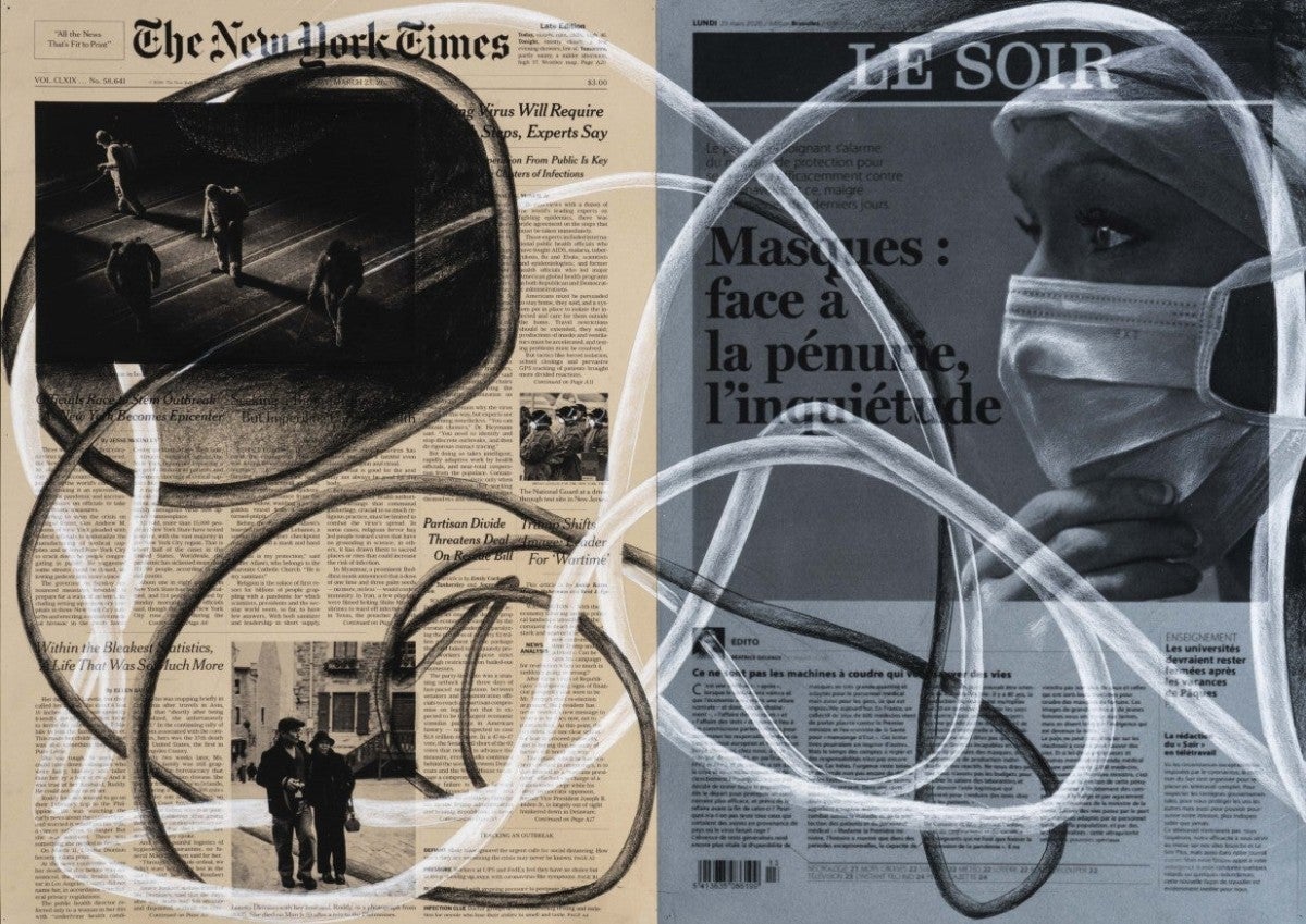 Tatiana Trouvé, March 23rd, The New York Times, USA; Le Soir, Belgium, Front Pages March 15 - April 25, 2020, portfolio of 41 works. Inkjet print, pencil, and linseed oil on paper. Courtesy Gagosian Gallery